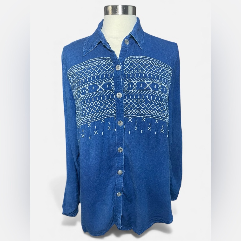 Studio West Embroidered Denim Look Top Western Boho Blouse Size XL